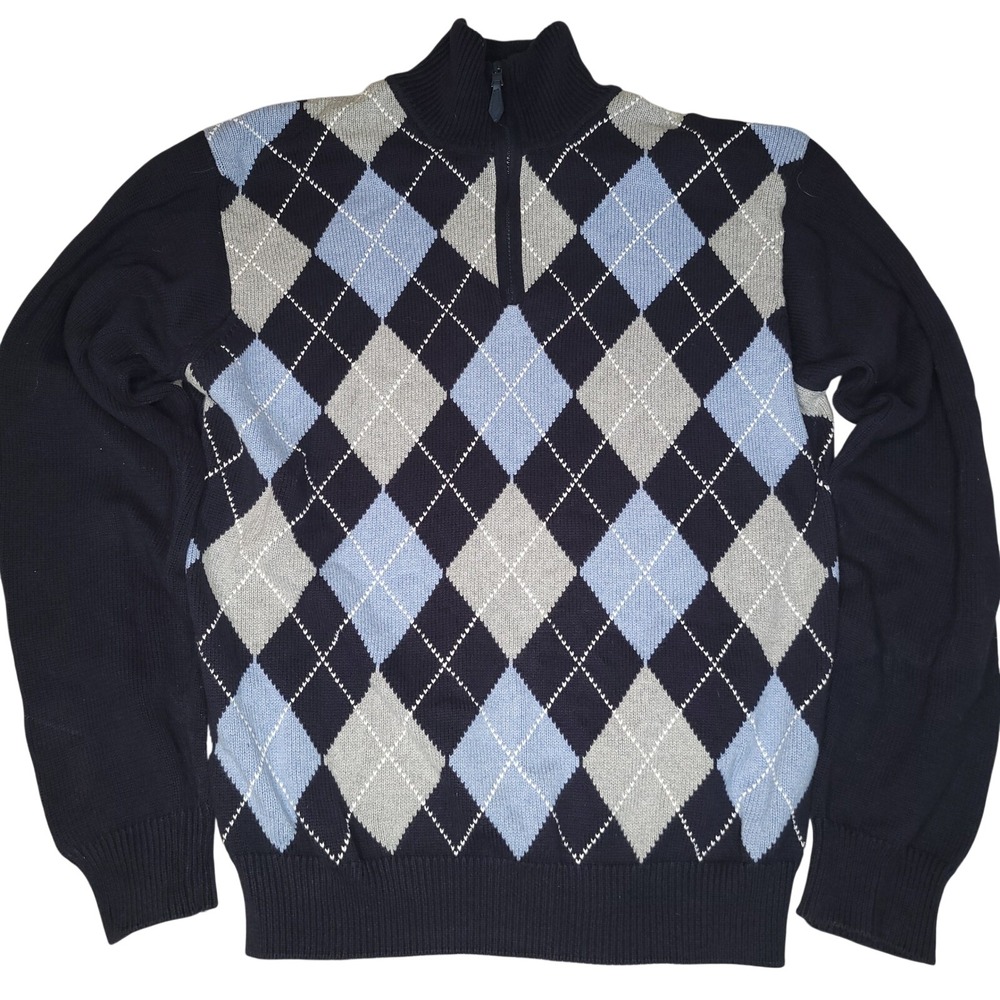 Nautica Quarter Zip Sweater Mens L Navy Blue Gray Black Argyle Cotton Pullover